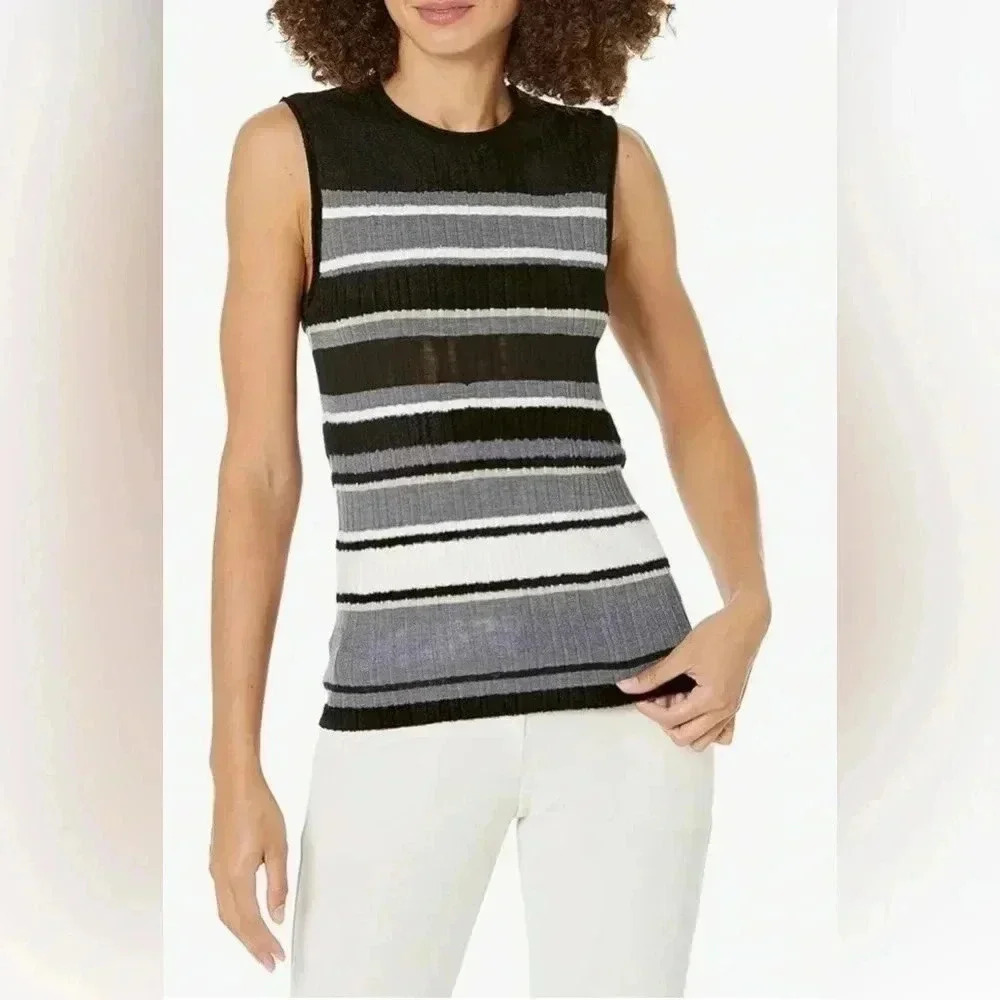 Theory Women's Black and Tan Knit Wool Crew Neck Sleeveless Top